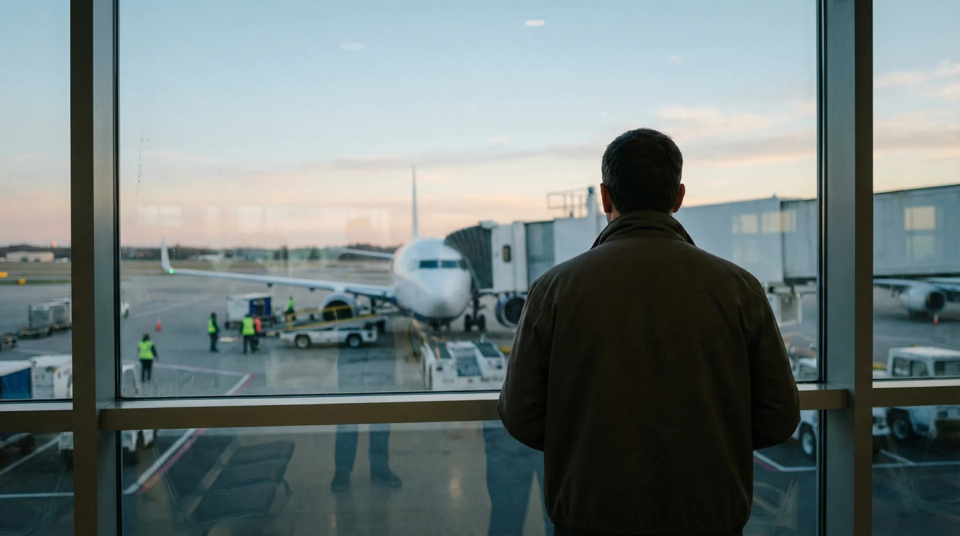 A man standing at an airport terminal window in the early morning, seen from behind. The camera captures his back as he looks out at an airplane parked at the gate.