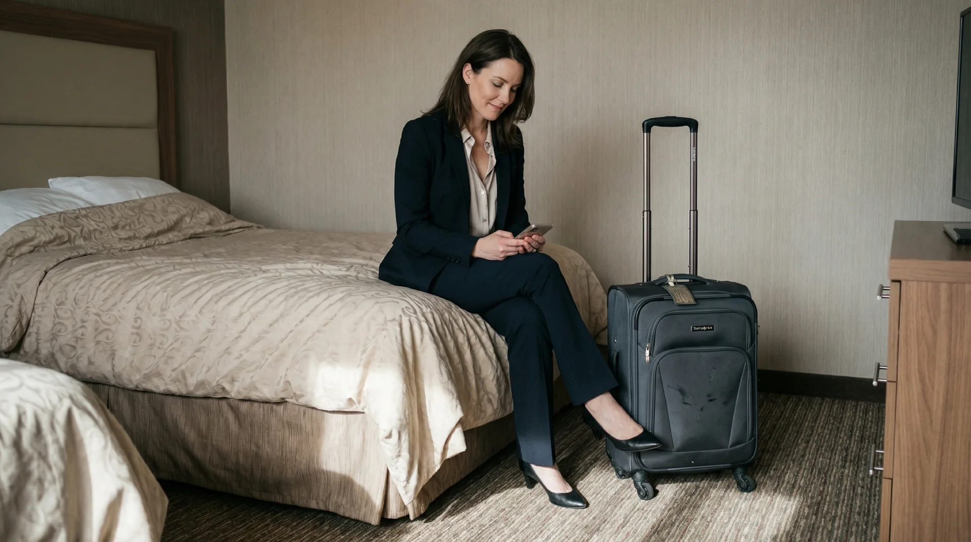 A woman in business attire sitting on the edge of a hotel bed in a midscale corporate hotel room.