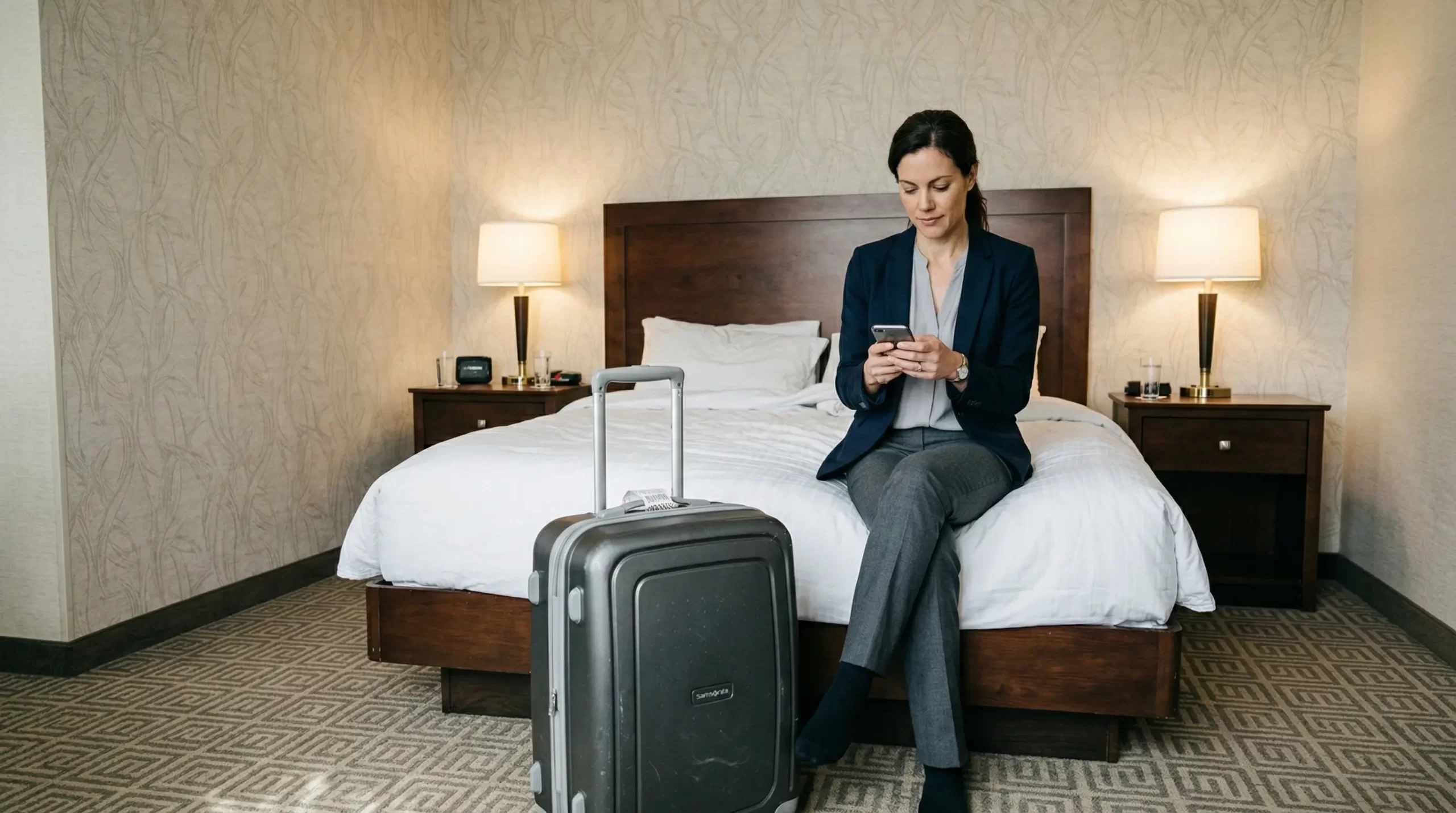 A woman in business attire sitting on the edge of a hotel bed in a midscale corporate hotel room.